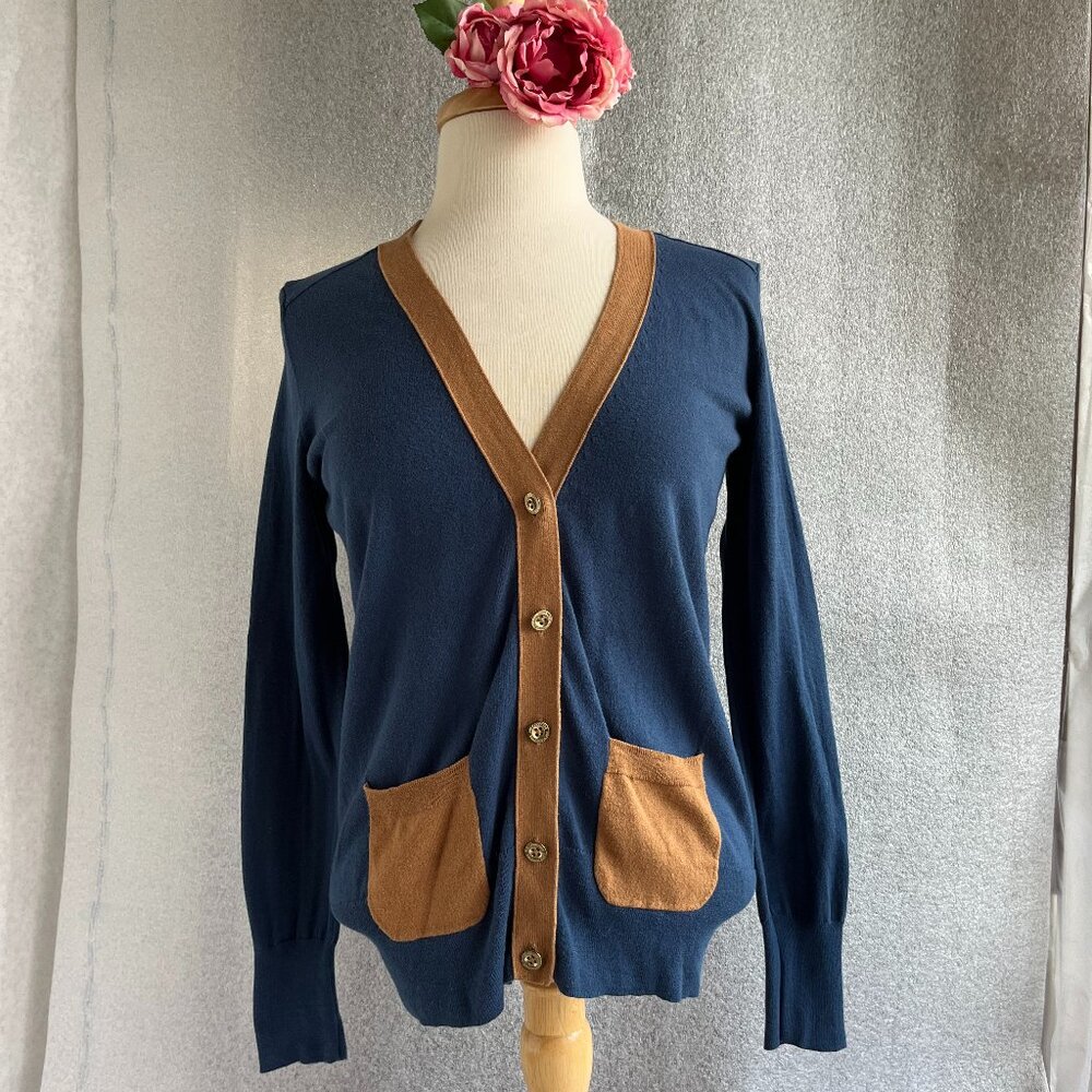 JUICY COUTURE Color Block V-Neck Button Blue Cardigan w/Tan Patch Pockets Size:S